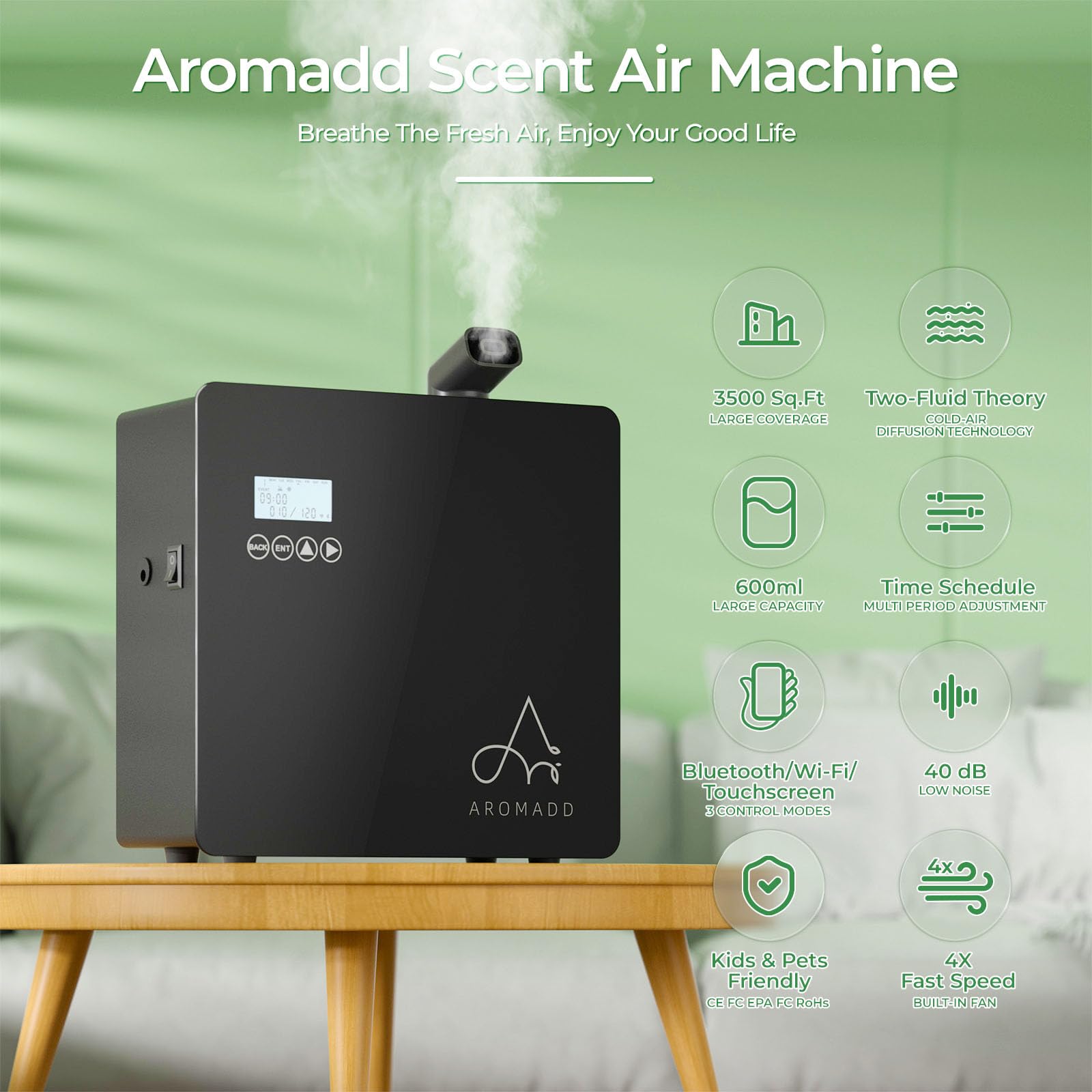 Aromadd mess-free, silent diffusion creates a calm environment.
