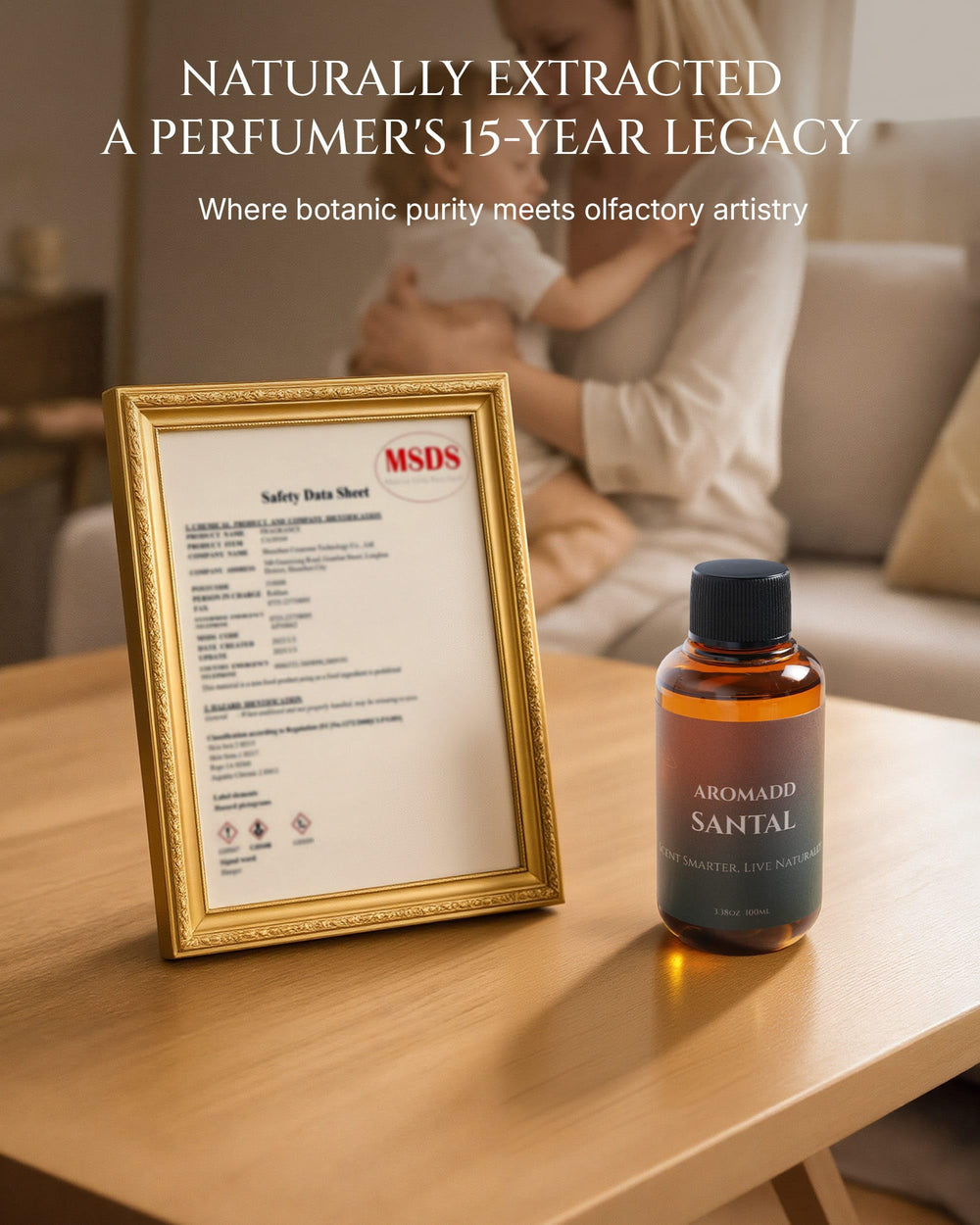 Aromadd Santal diffuser oil packaging highlighting waterless formula for diffusers.