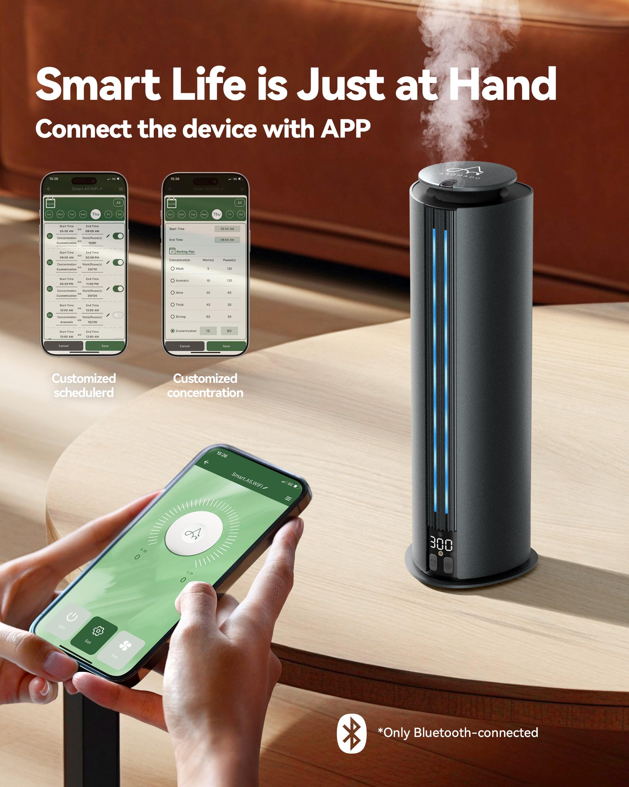 Aromadd diffuser features smart app control for scheduling and intensity.