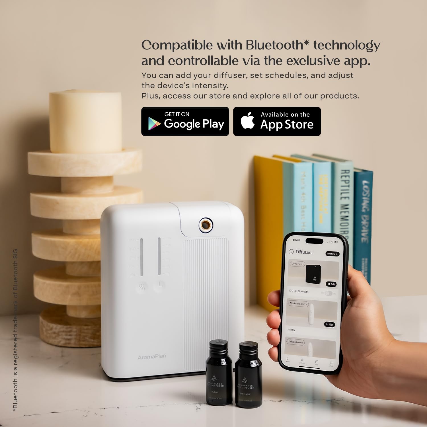 Smart app control interface to schedule and adjust scents from your phone.
