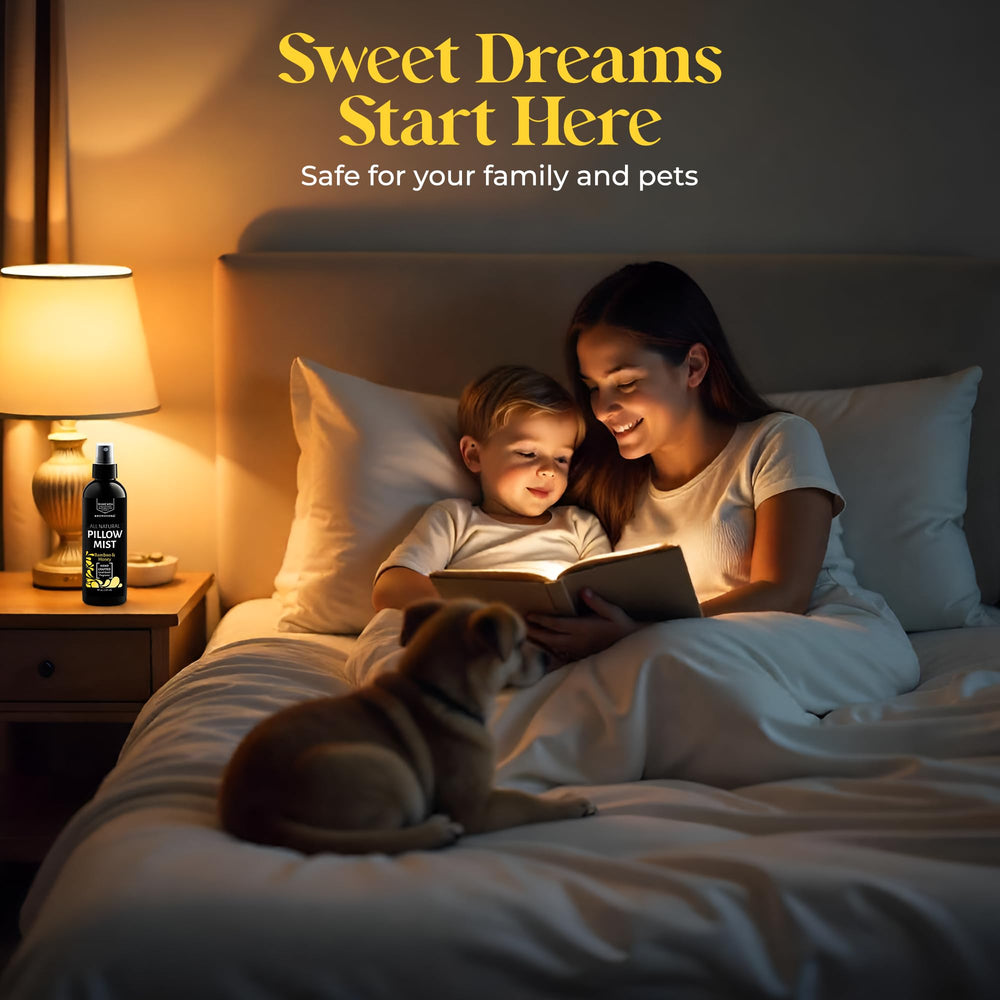 Mist diffusing in a peaceful bedroom with Aromasong pillow spray.
