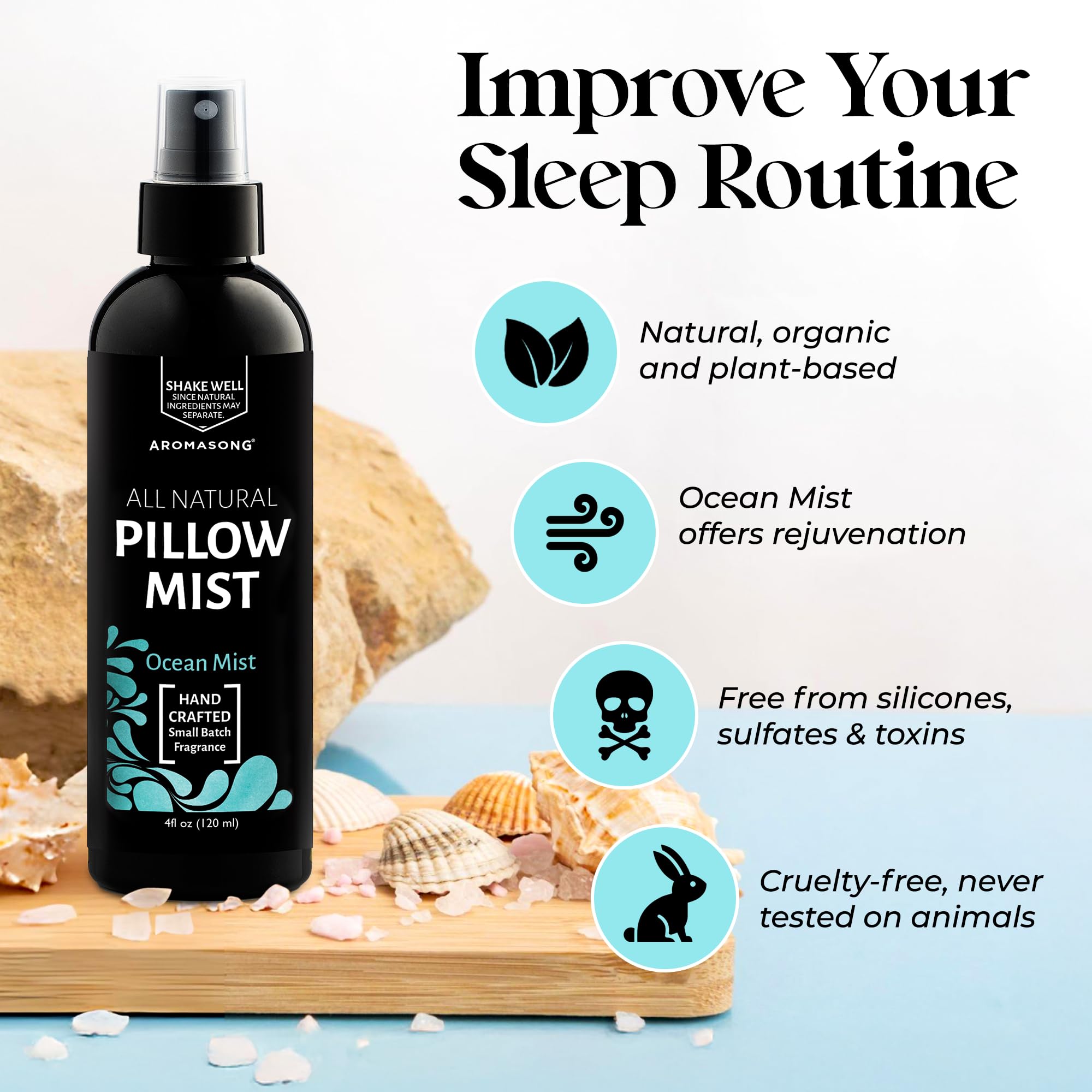 Aromasong Eucalyptus pillow spray promotes a serene sleep environment.