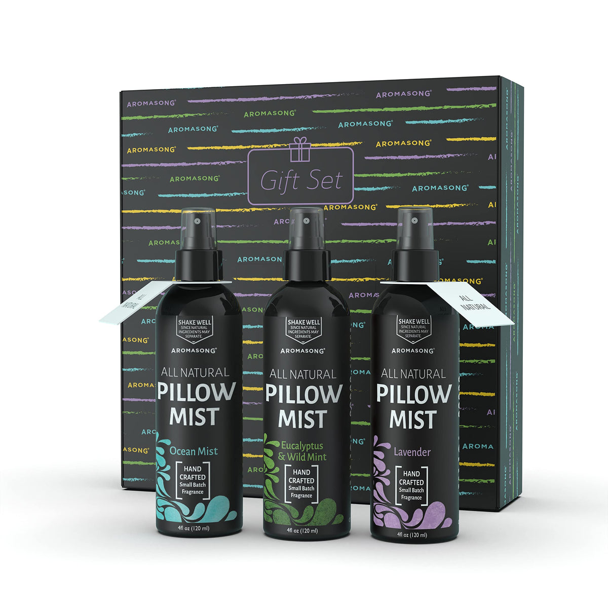 Aromasong Lavender pillow spray bottle ready for a calming bedtime ritual.