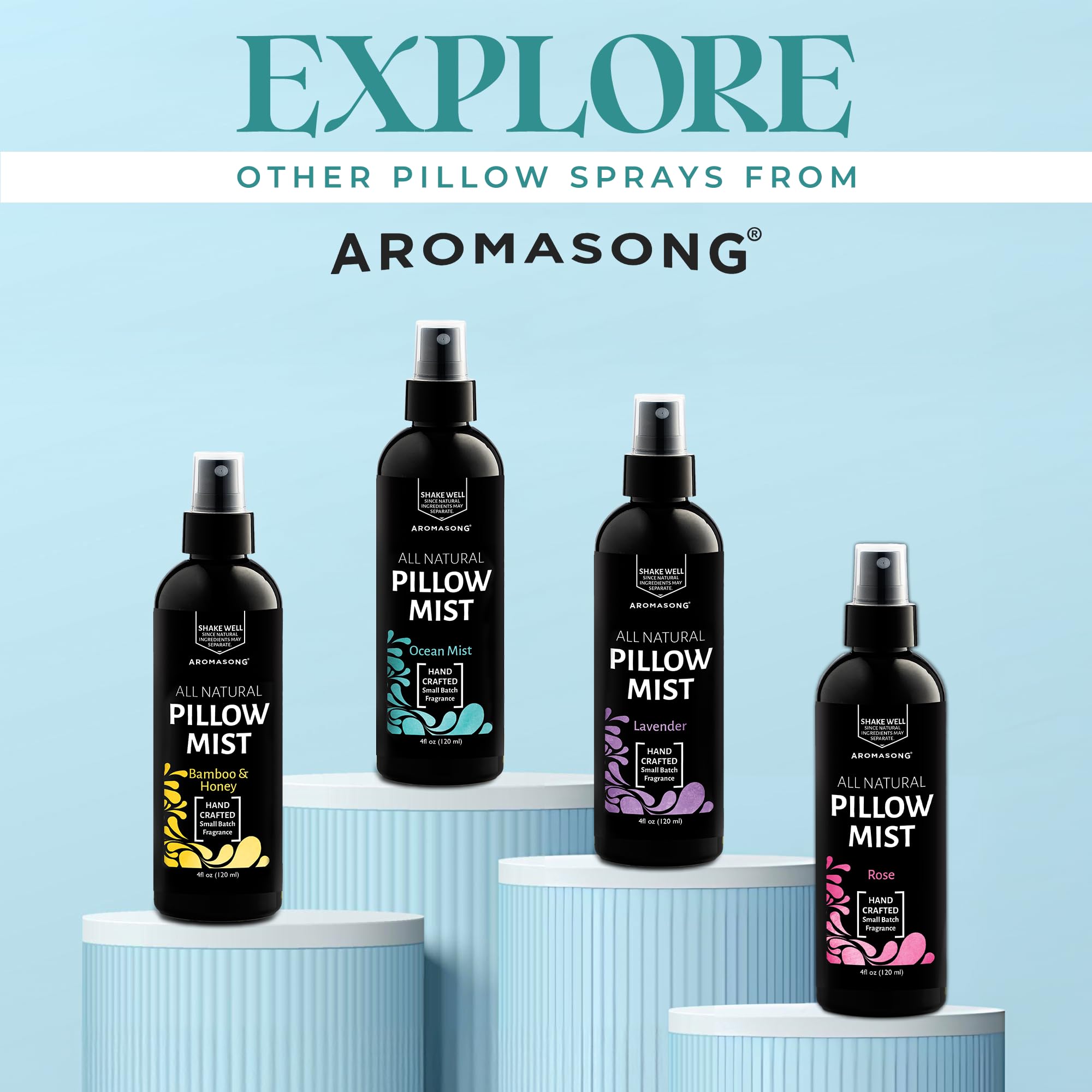 Aromasong Pillow Spray label close-up highlighting natural ingredients.
