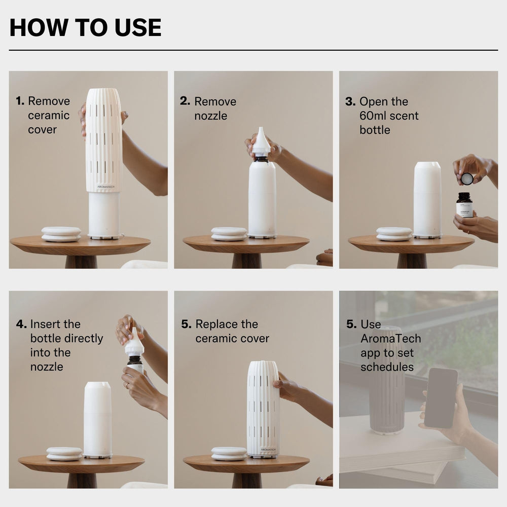 Nebulizing technology in the AromaTech Ambience diffuser releases consistent aroma.