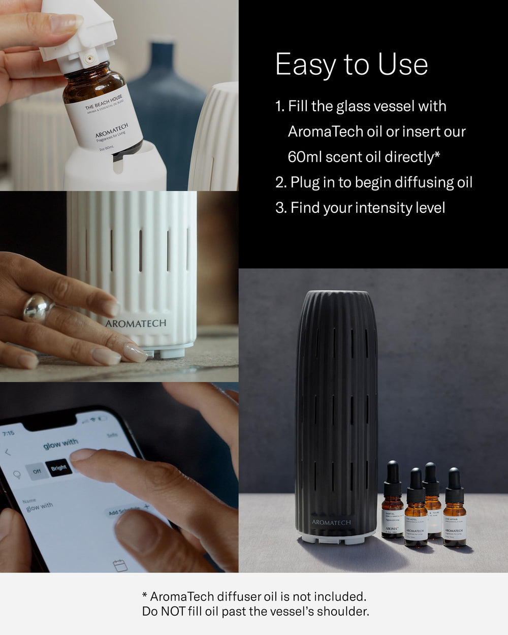 White stone finish of the AromaTech Ambience diffuser fits modern interiors.