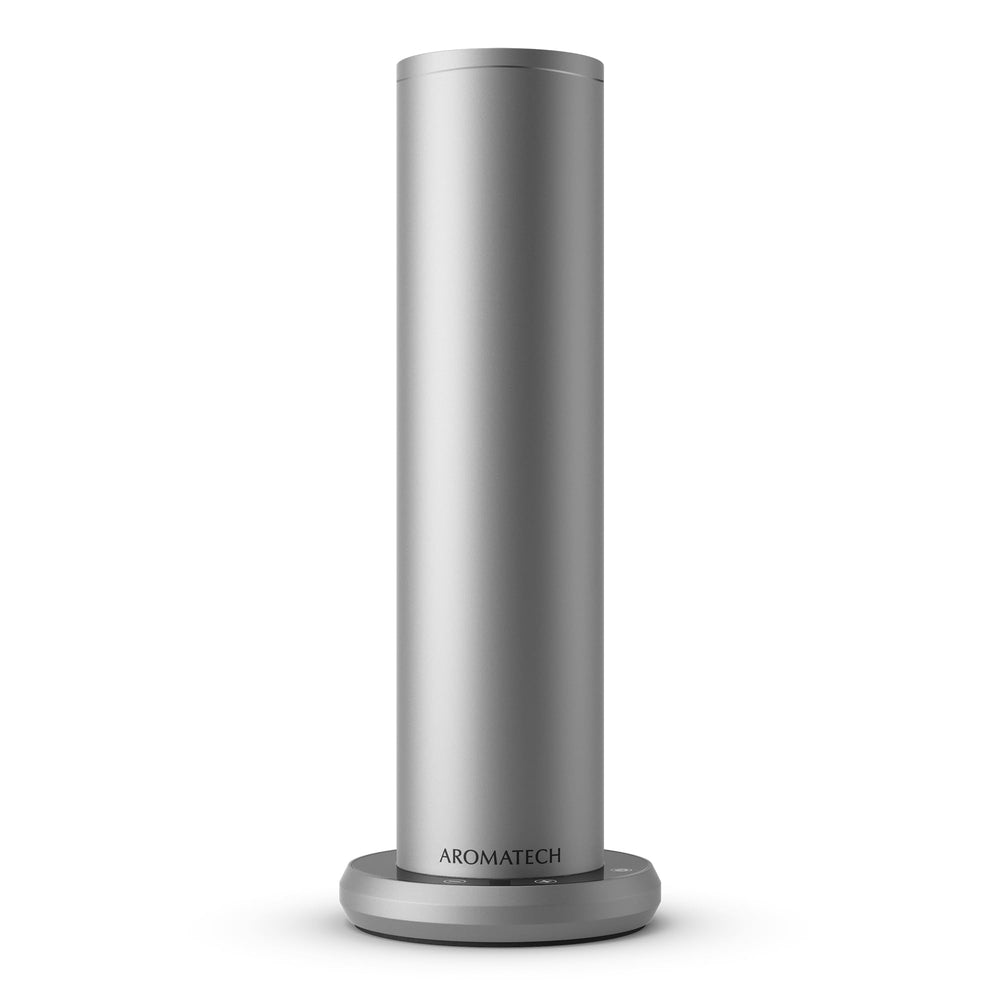 AromaTech AroMini BT Plus diffuser silver front view for long-lasting ambient scent in living spaces
