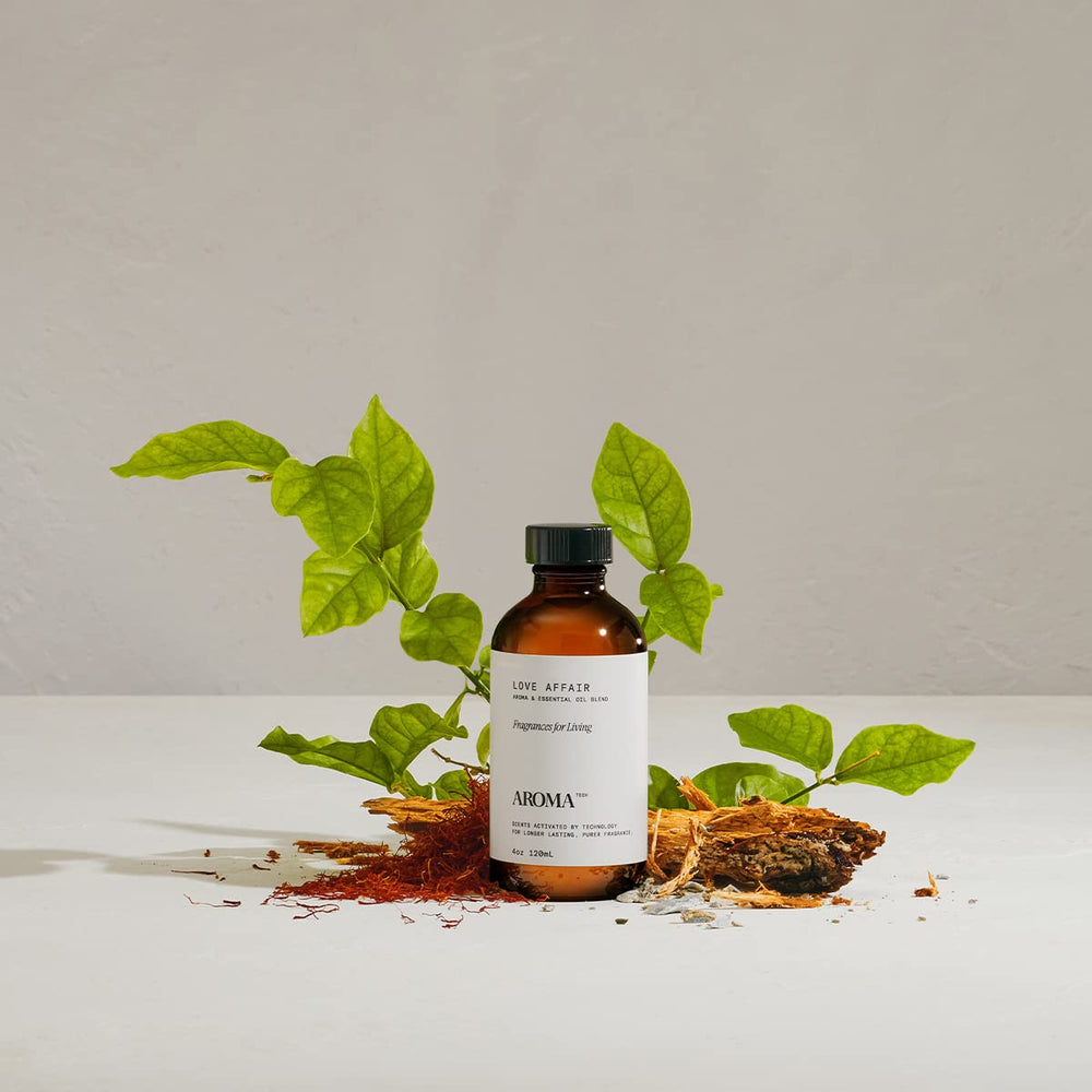 AromaTech label detail close-up highlights natural essential oil blends.