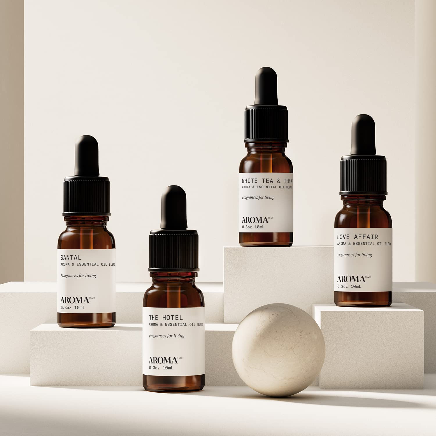 AromaTech Santal oil bottle highlights woody, warm fragrance.
