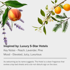 AromaTech The Hotel bottle closeup highlighting lavender and citrus notes for mood-setting scent.