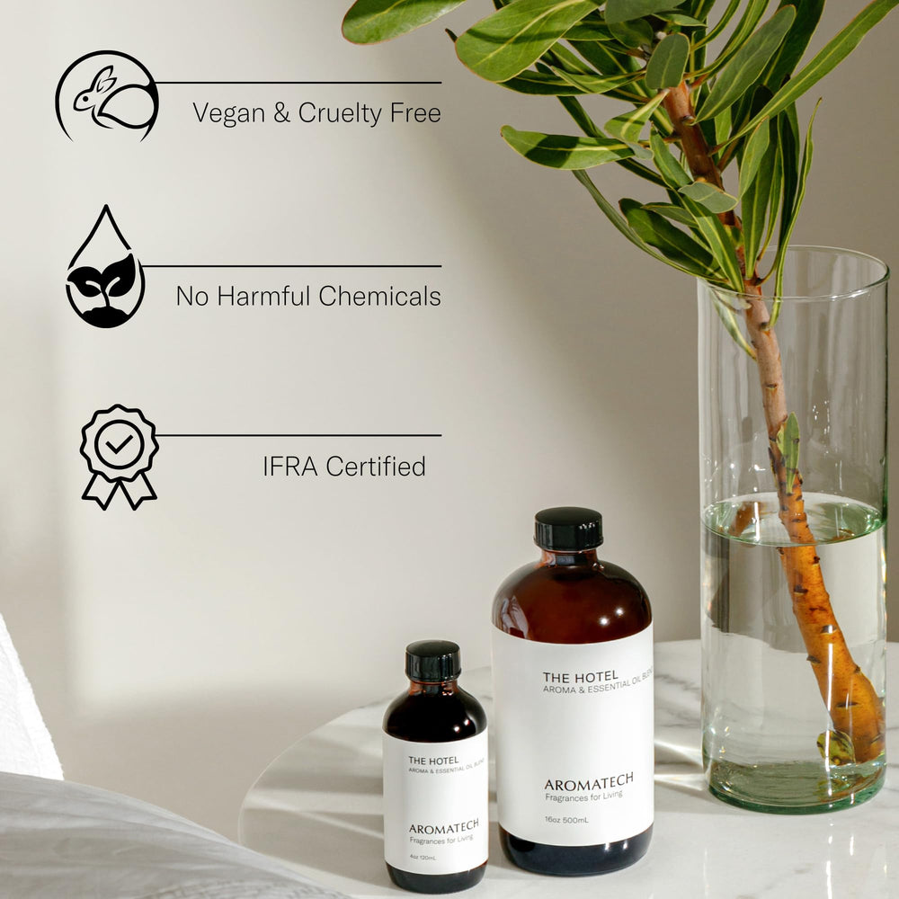 AromaTech The Hotel label closeup confirms a vegan, IFRA-certified formula for safe use.