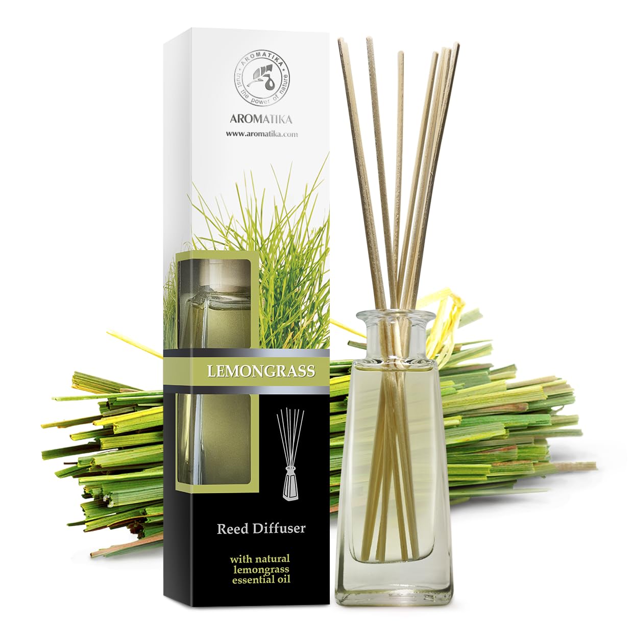 AROMATIKA Lemongrass Diffuser bottle close-up highlights natural essential oil aroma.