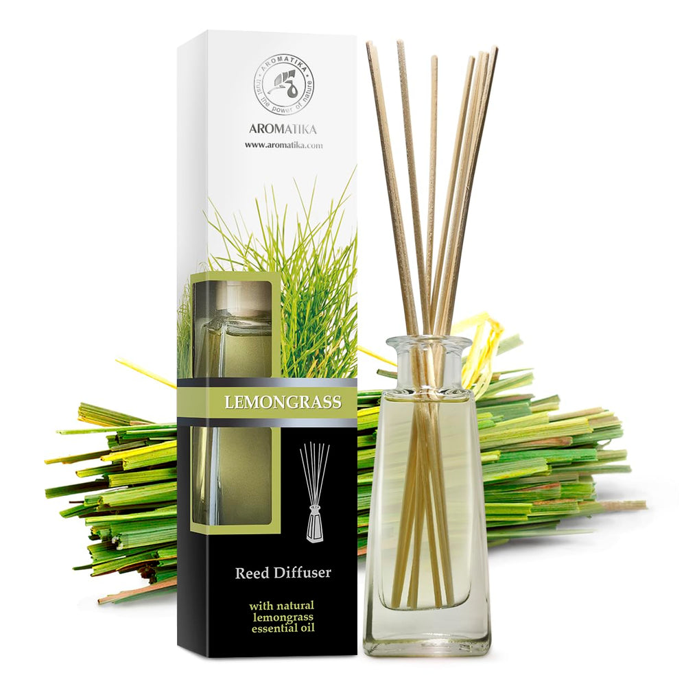 AROMATIKA Lemongrass Diffuser bottle close-up highlights natural essential oil aroma.