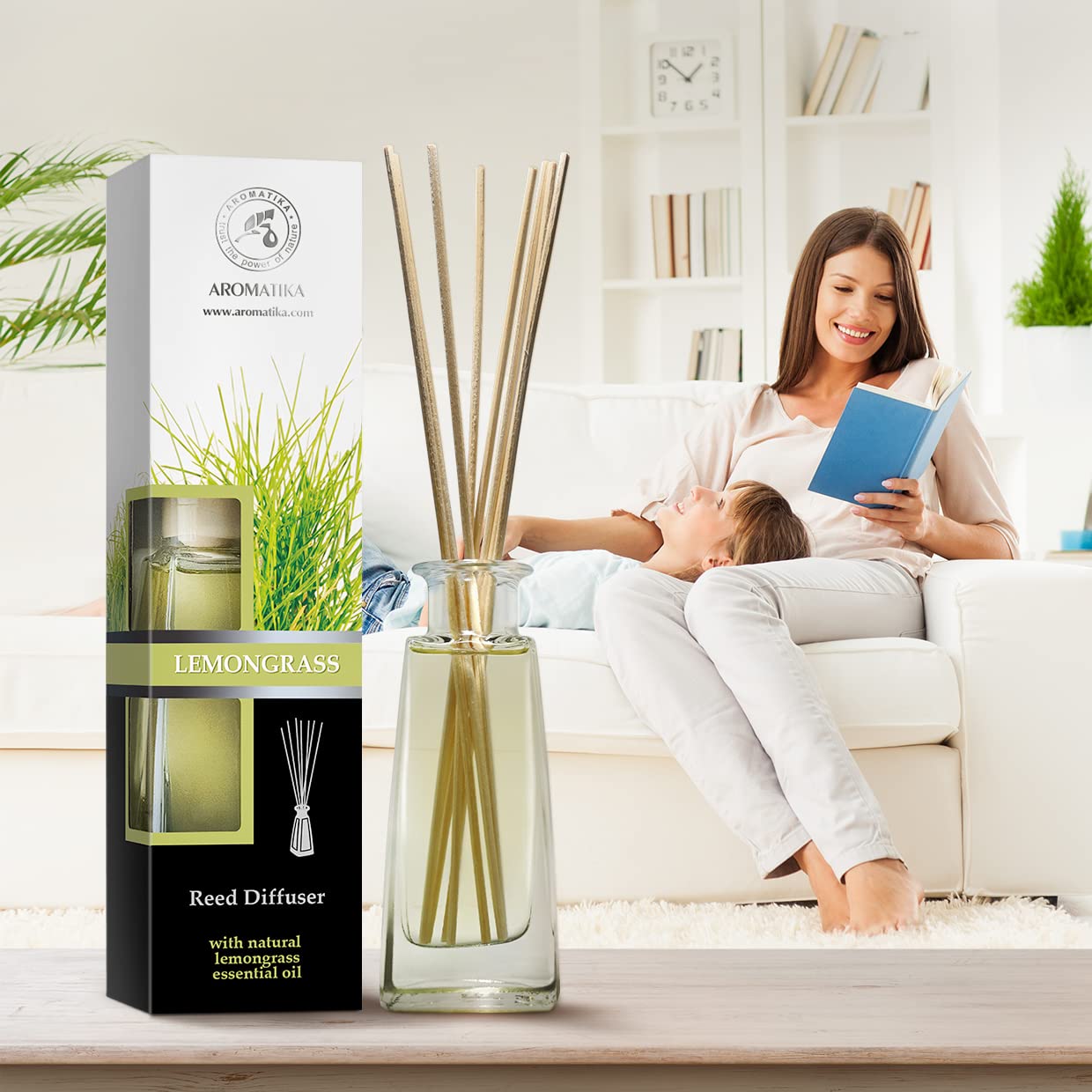 AROMATIKA Lemongrass Diffuser in living room ambience, creating a fresh environment.