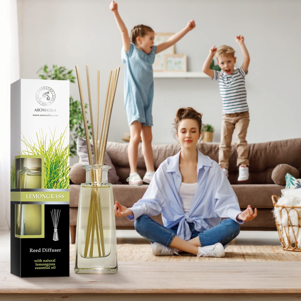 AROMATIKA Lemongrass Diffuser in office setting, promoting focused calm.