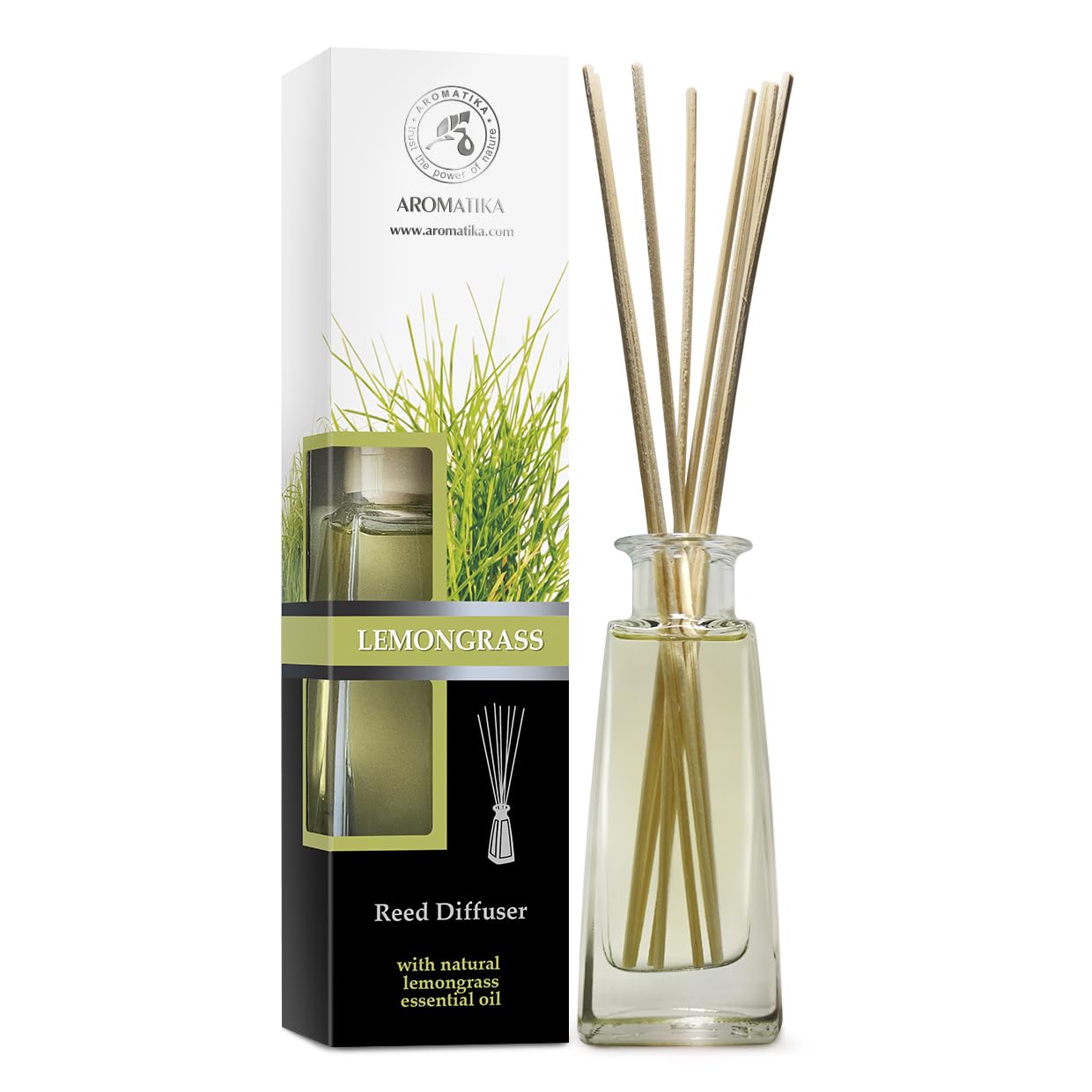 AROMATIKA Lemongrass Diffuser packaging, elegant gift-ready presentation for aromatherapy lovers.