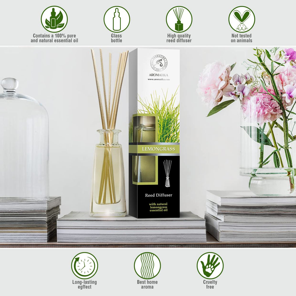 AROMATIKA Lemongrass Diffuser reeds arranged to illustrate steady scent diffusion.