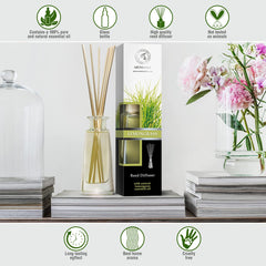 AROMATIKA Lemongrass Diffuser reeds arranged to illustrate steady scent diffusion.