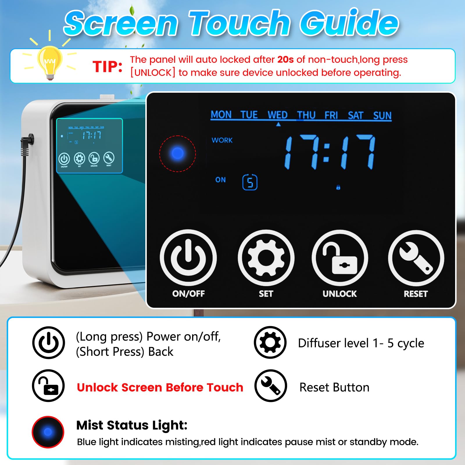 AROMAUKO waterless diffuser with 5 modes and touch screen