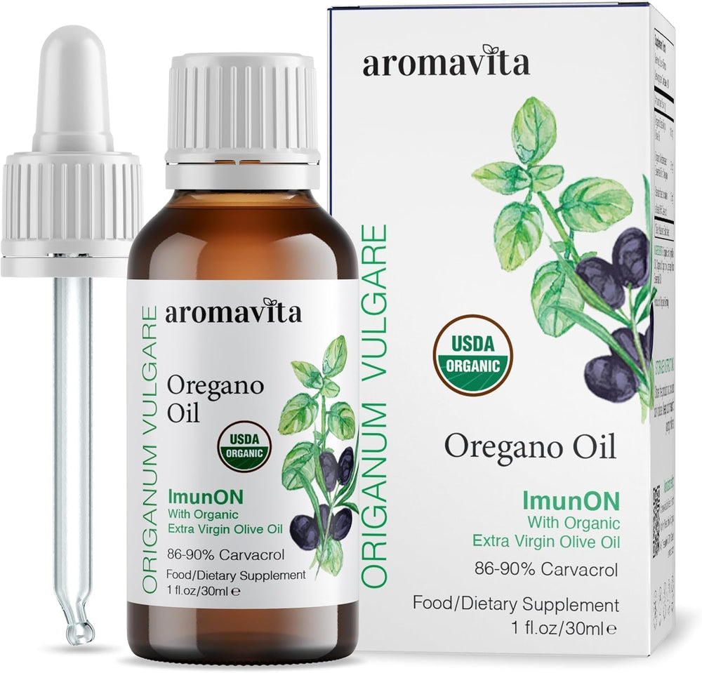 AROMAVITA ImunON Greek oregano oil drops with intense aroma for daily wellness routines.