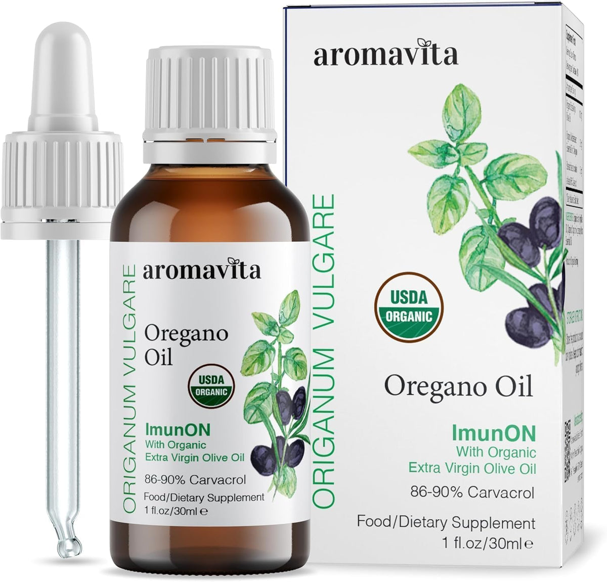 AROMAVITA ImunON Greek oregano oil drops with intense aroma for daily wellness routines.