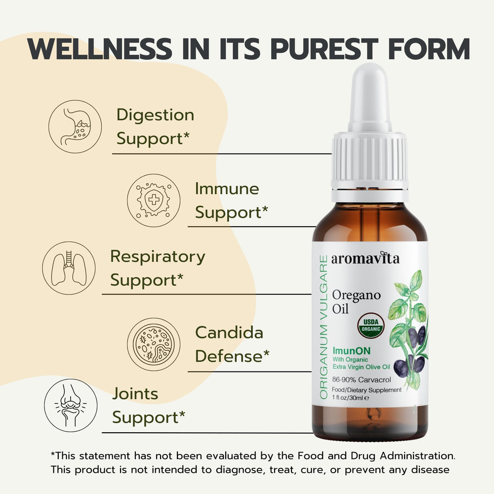 AROMAVITA ImunON liquid oregano oil bottle enables easy, convenient dropper use.
