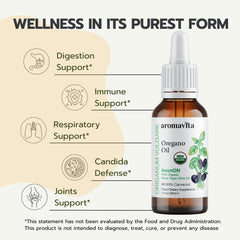 AROMAVITA ImunON liquid oregano oil bottle enables easy, convenient dropper use.