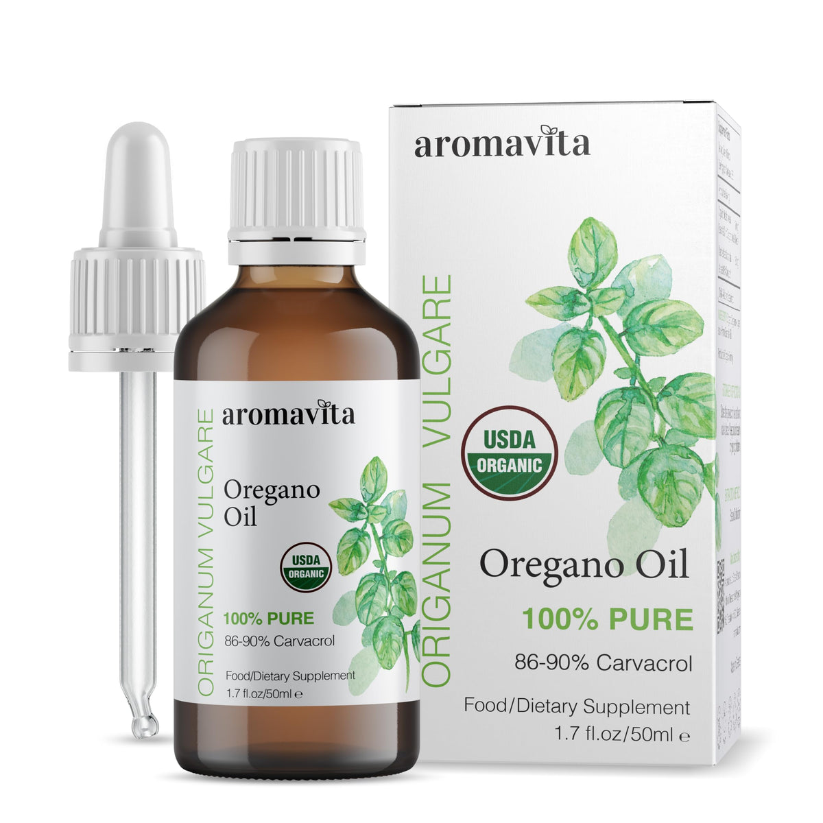 AROMAVITA oregano oil bottle shows Greek origin and purity for natural wellness support.
