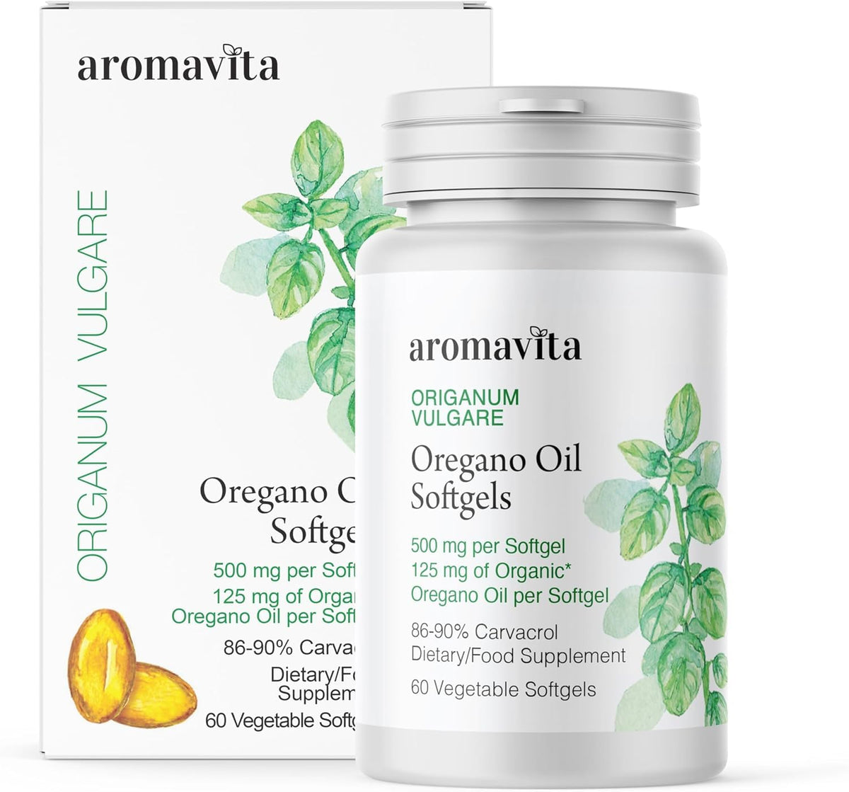 AROMAVITA oregano oil softgel bottle for convenient daily immune and digestive support.