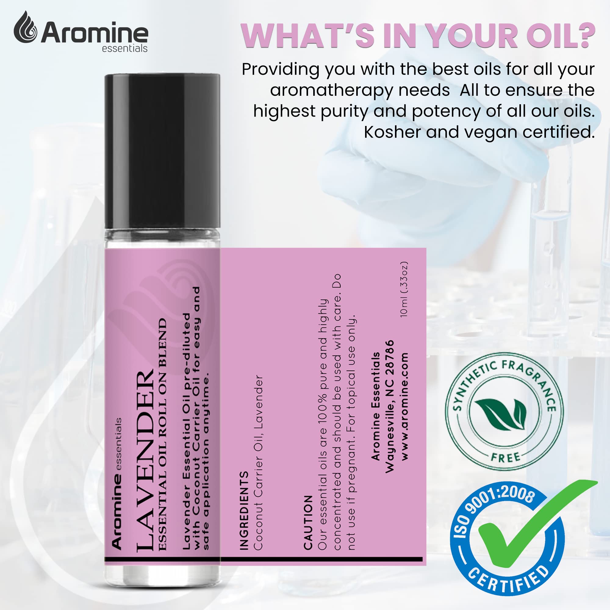 Close-up of Aromine Lavender Roll-On bottle highlighting pure formula