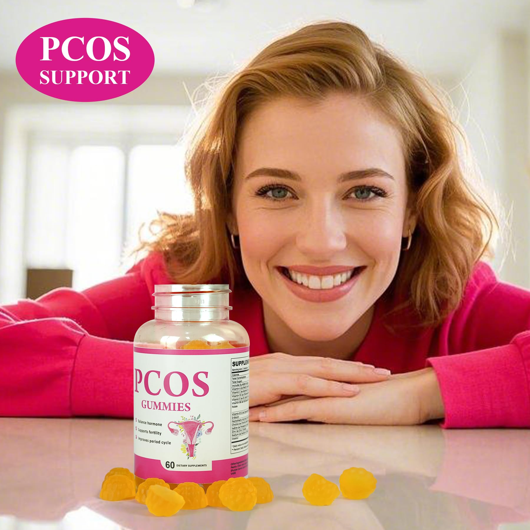 Aromlife PCOS Gummies ingredients panel with inositol and biotin.