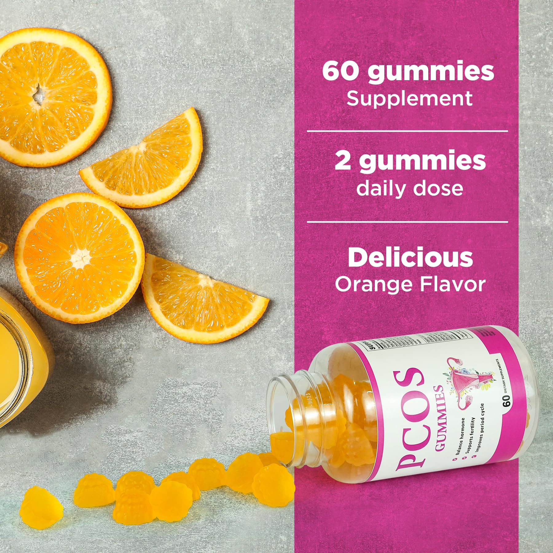 Vitamin-rich Aromlife PCOS Gummies label featuring A, C, D3, E, B6, B12.