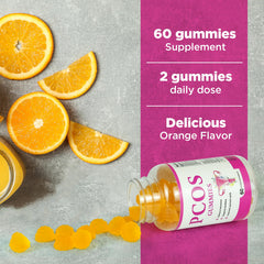 Vitamin-rich Aromlife PCOS Gummies label featuring A, C, D3, E, B6, B12.