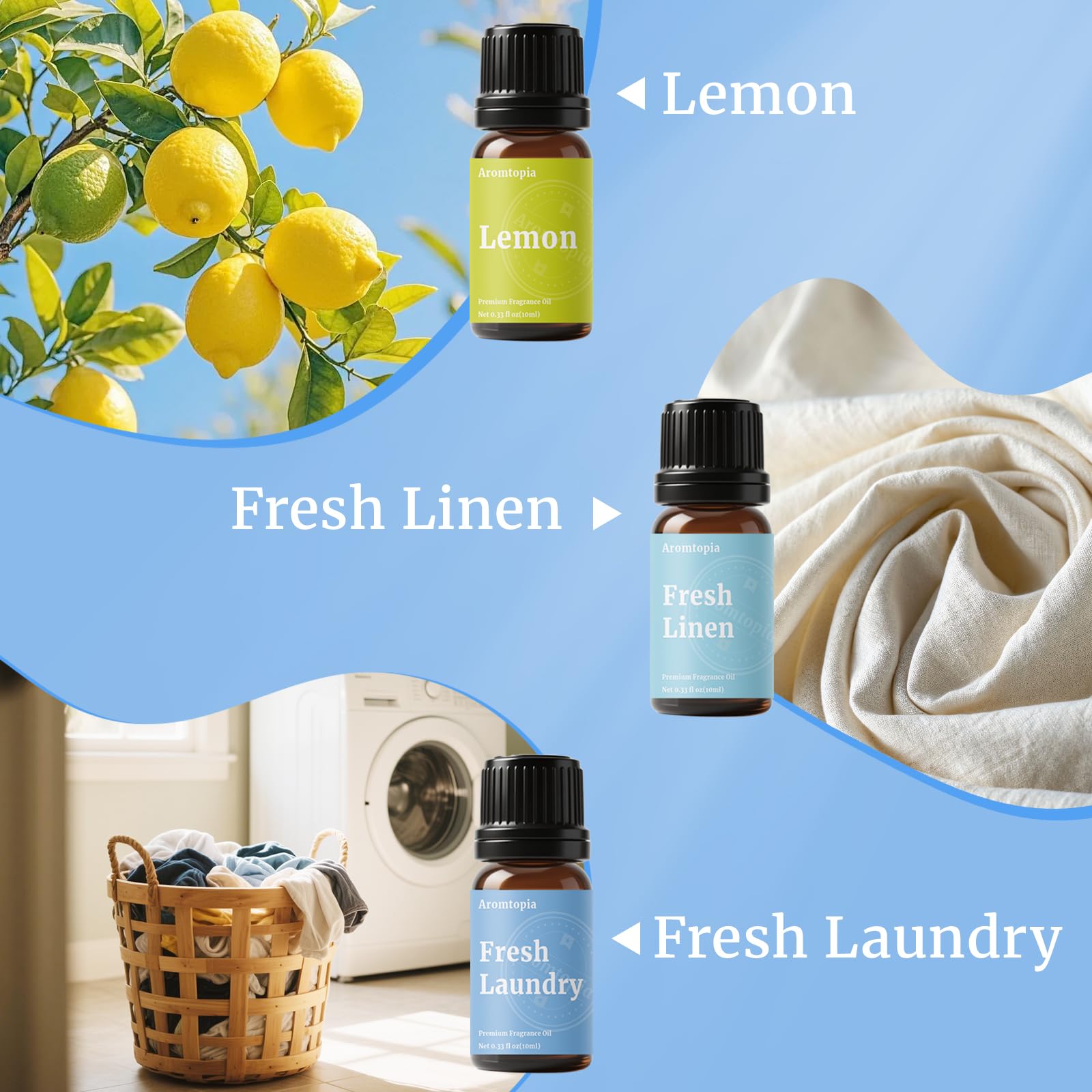 AROMTOPIA Fresh Laundry bottle enhances laundry area aroma.