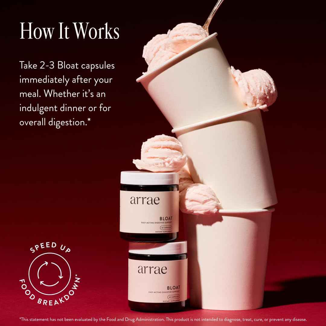 Arrae Bloat capsules close-up ready to support gentle digestion.