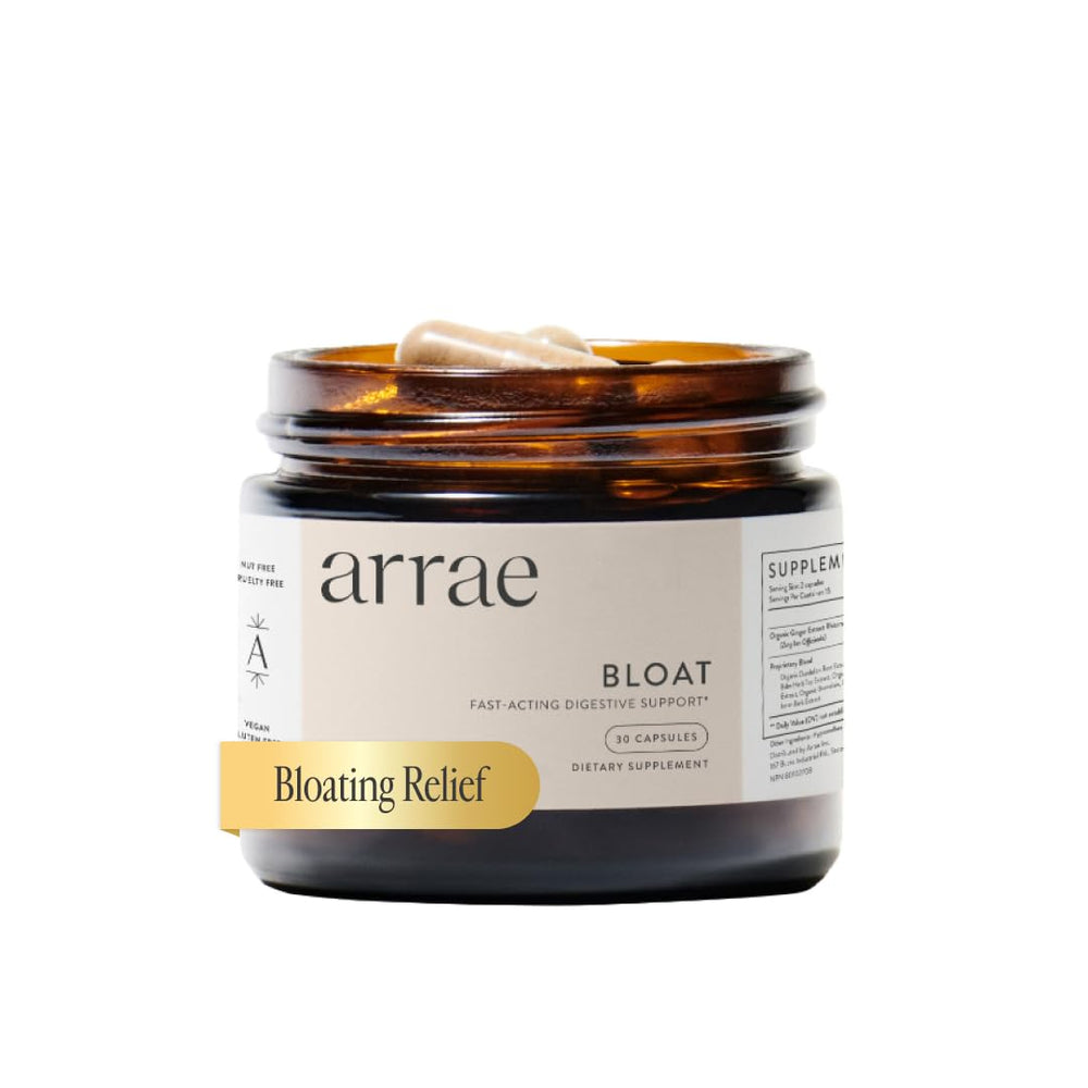 Arrae Bloat digestive enzymes bottle shows potential quick relief after meals.