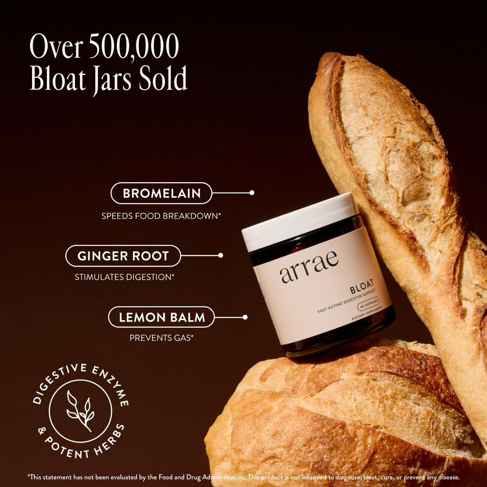 Arrae Bloat ingredients bromelain ginger lemon balm highlighted for natural gut support.