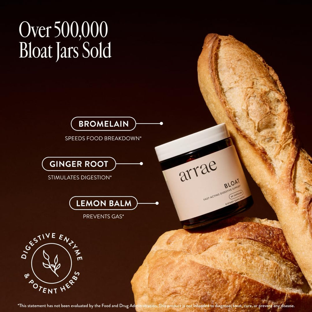 Arrae Bloat packaging display emphasizes natural ingredients for gut comfort