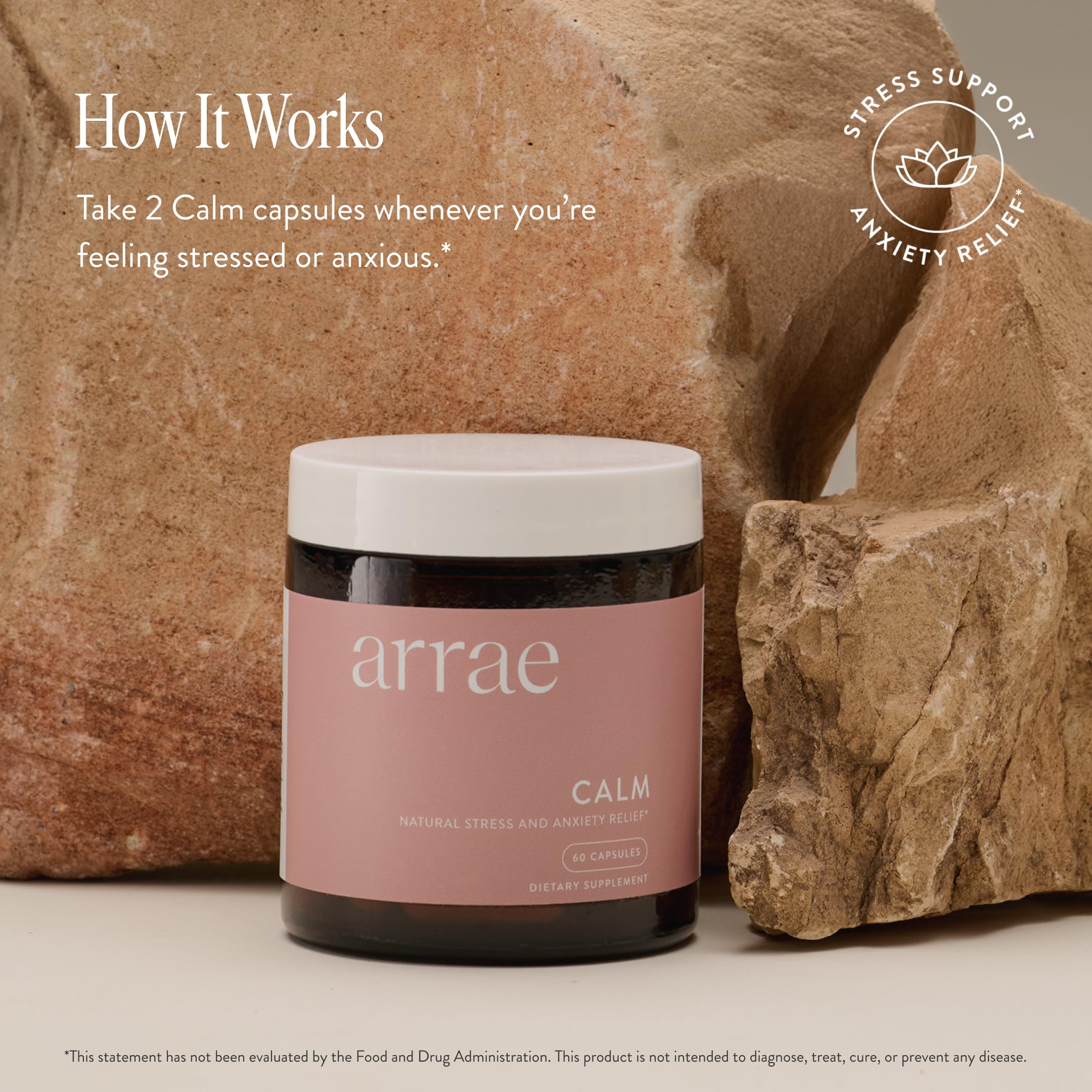 Arrae Calm bottle on table signaling convenient daily stress relief