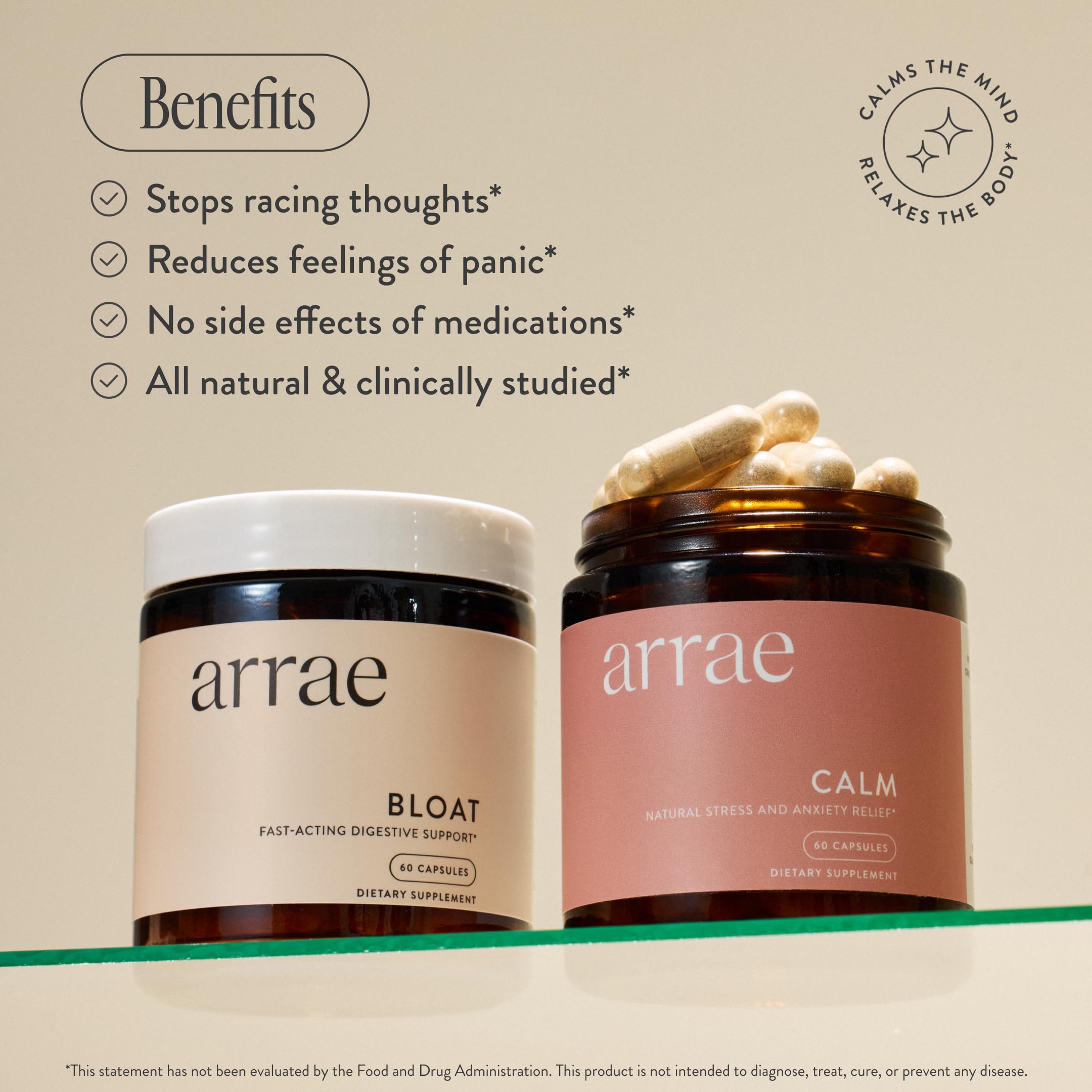Arrae Calm capsules being poured suggests quick on-the-go anxiety support