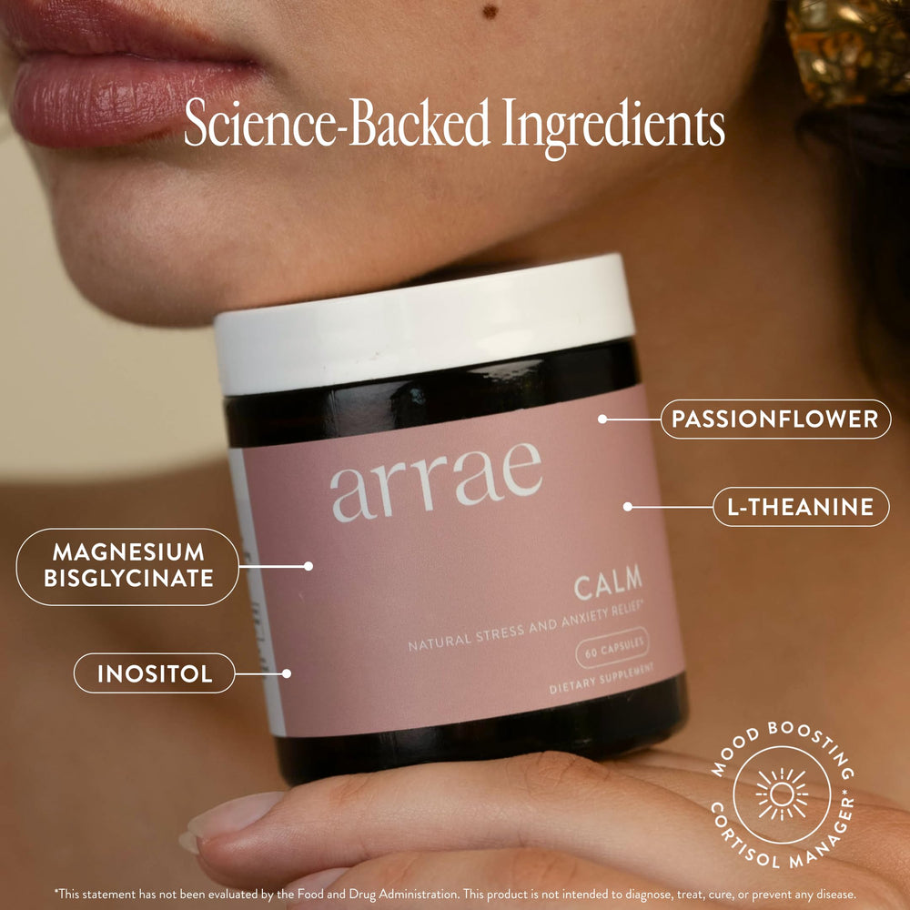 Arrae Calm ingredients label highlights vegan, organic calm-support formula