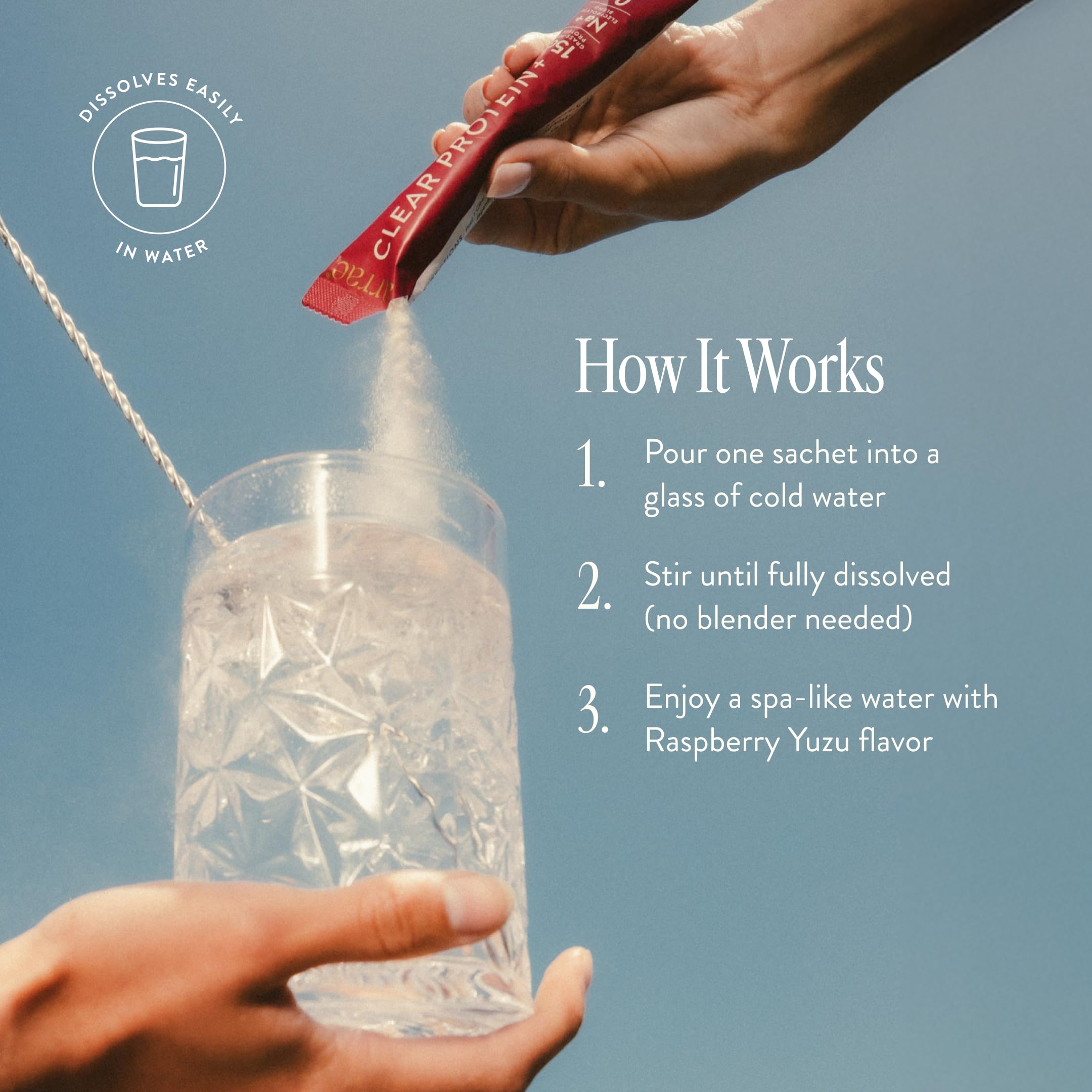 Pour from Arrae Clear Protein pack to make a quick, smooth shake
