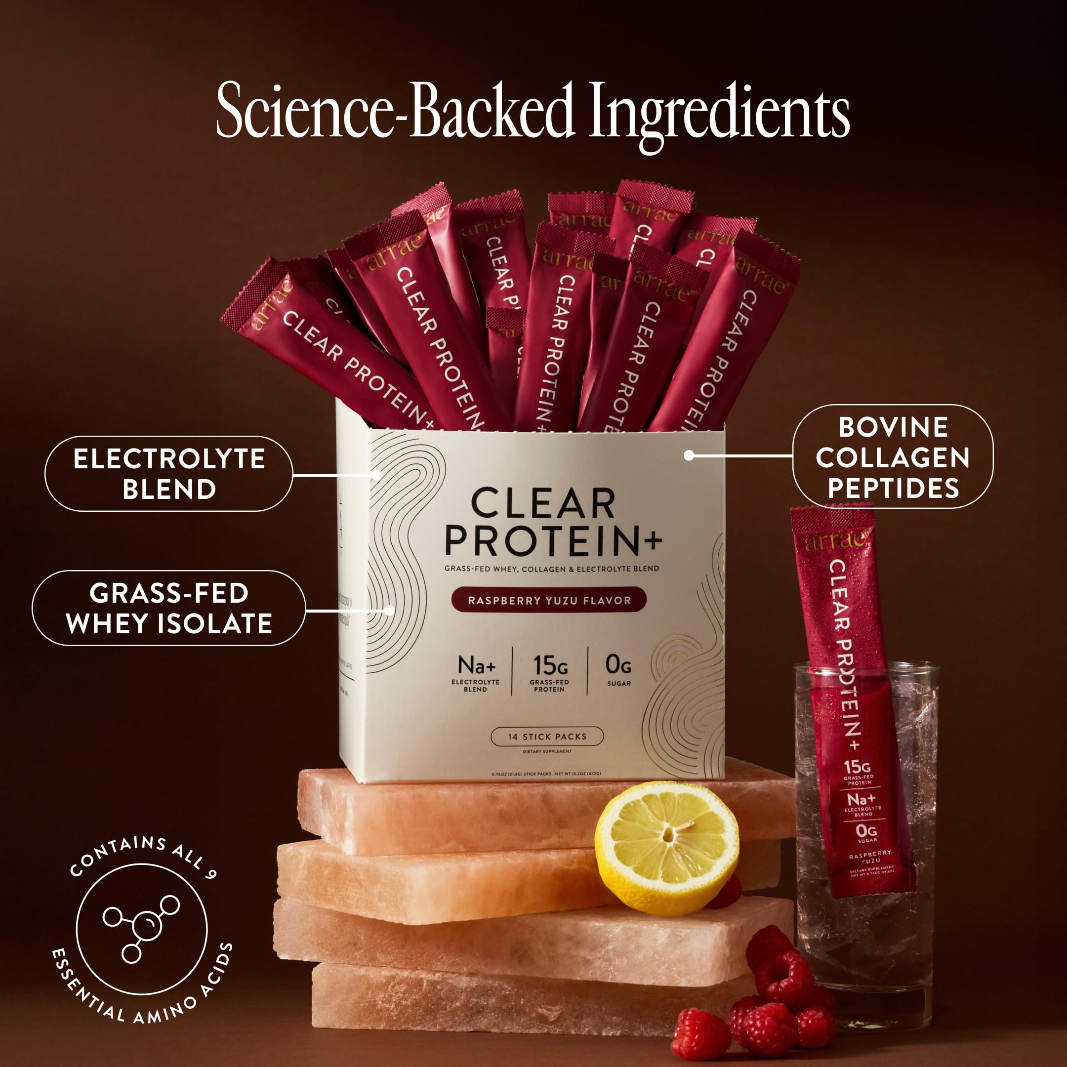 Arrae Clear Protein shake in glass with refreshing Raspberry Yuzu flavor