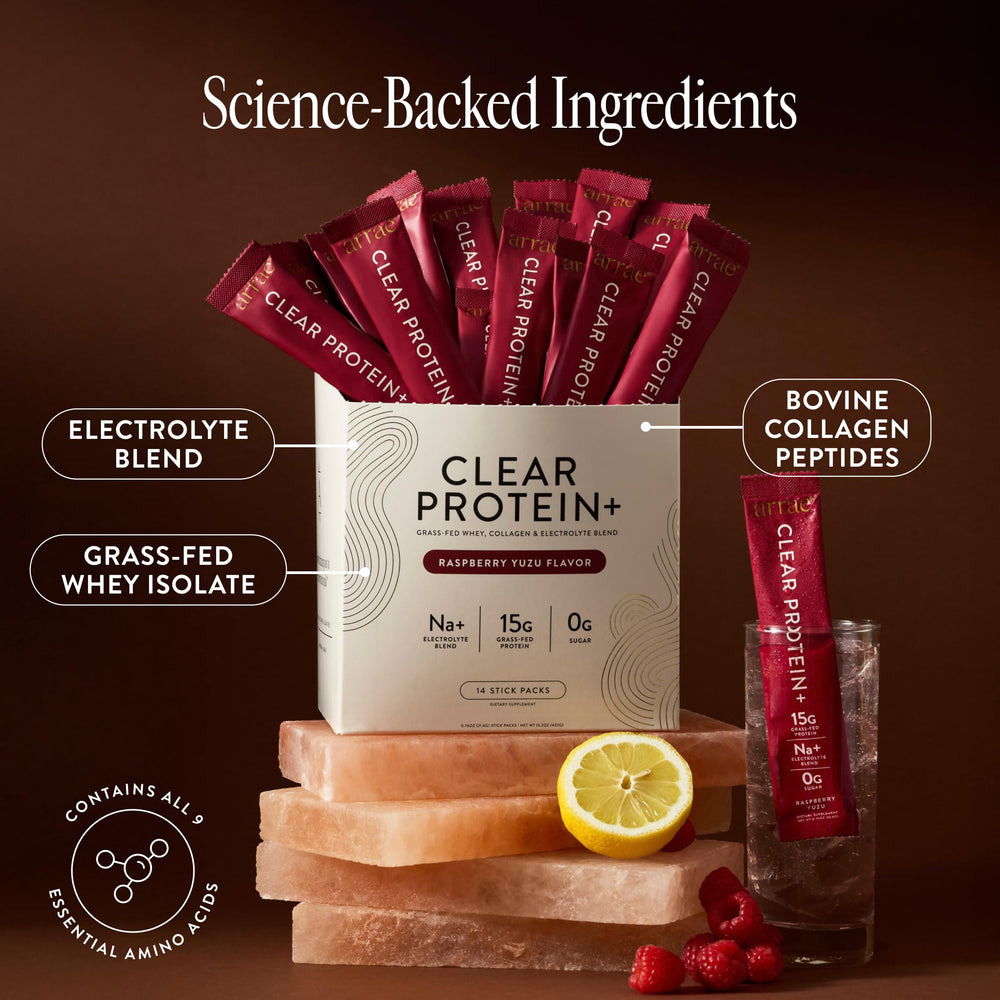 Arrae Clear Protein shake in glass with refreshing Raspberry Yuzu flavor