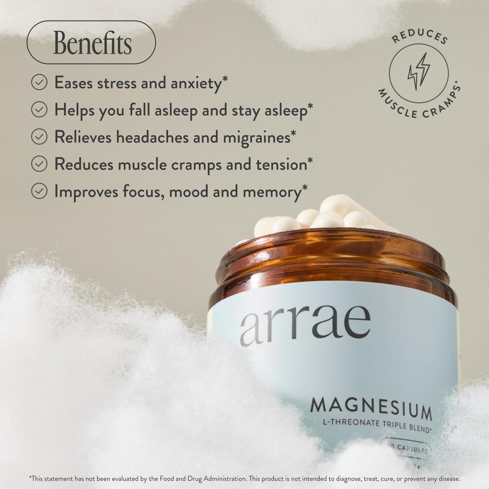 Arrae magnesium bottle label highlights 250 mg per capsule for easy dosing.