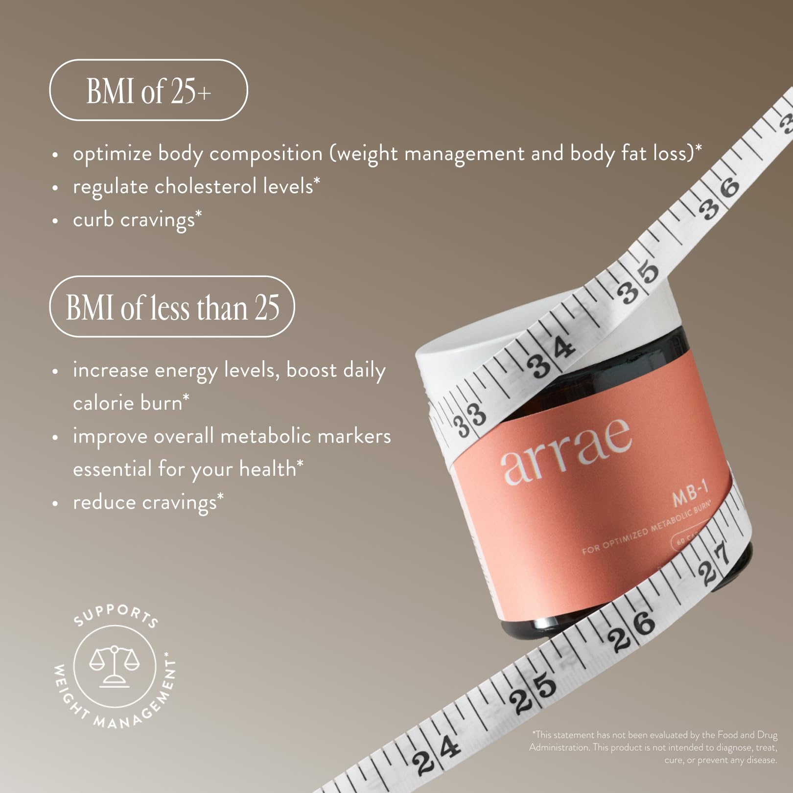 Arrae MB-1 probiotic ingredients emphasize gut balance benefits.