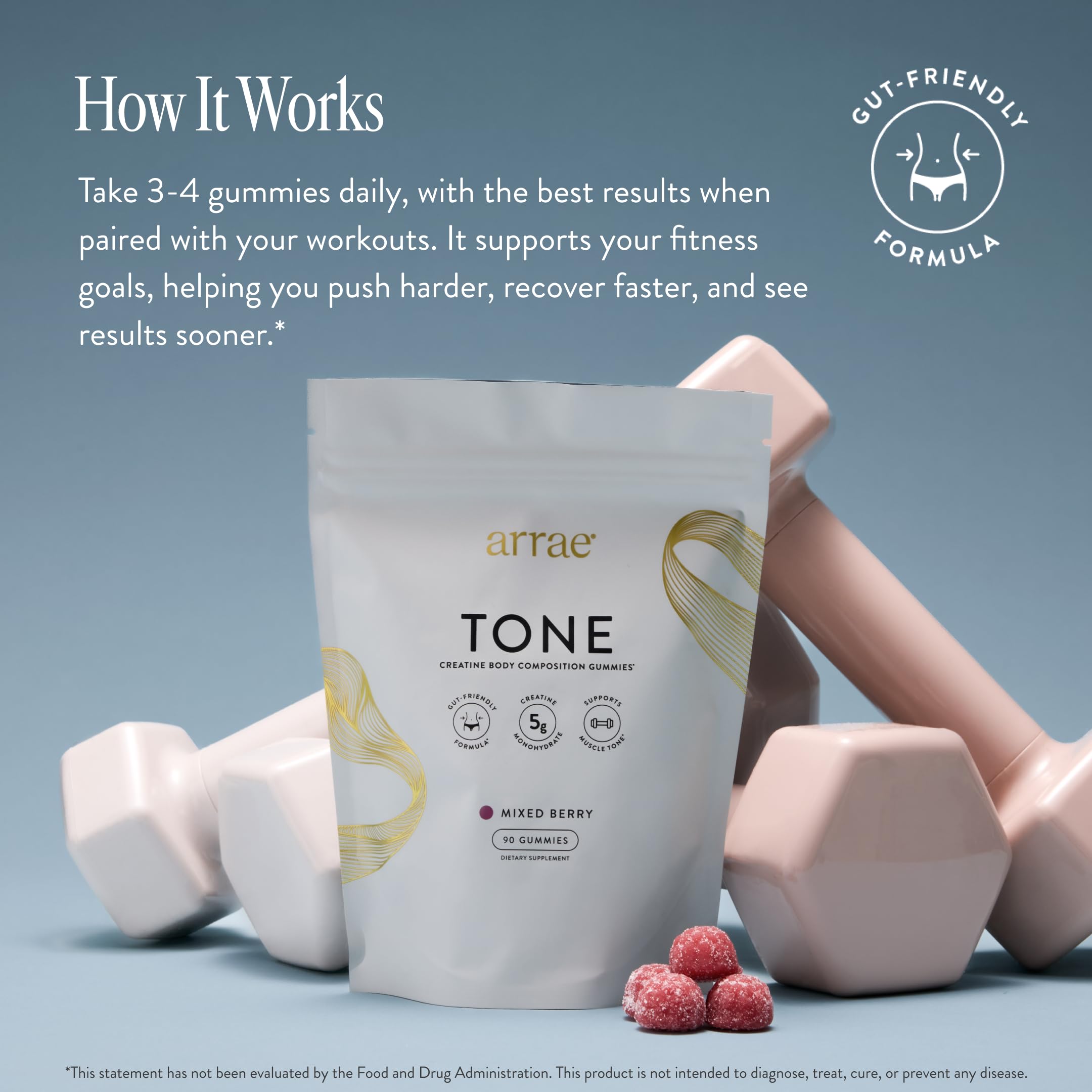 Arrae Tone Gummies vegan label highlights creatine-based strength support for women