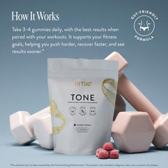 Arrae Tone Gummies vegan label highlights creatine-based strength support for women