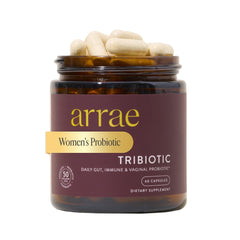 Arrae Tribiotic bottle front view highlighting complete microbiome support for gut and feminine health.