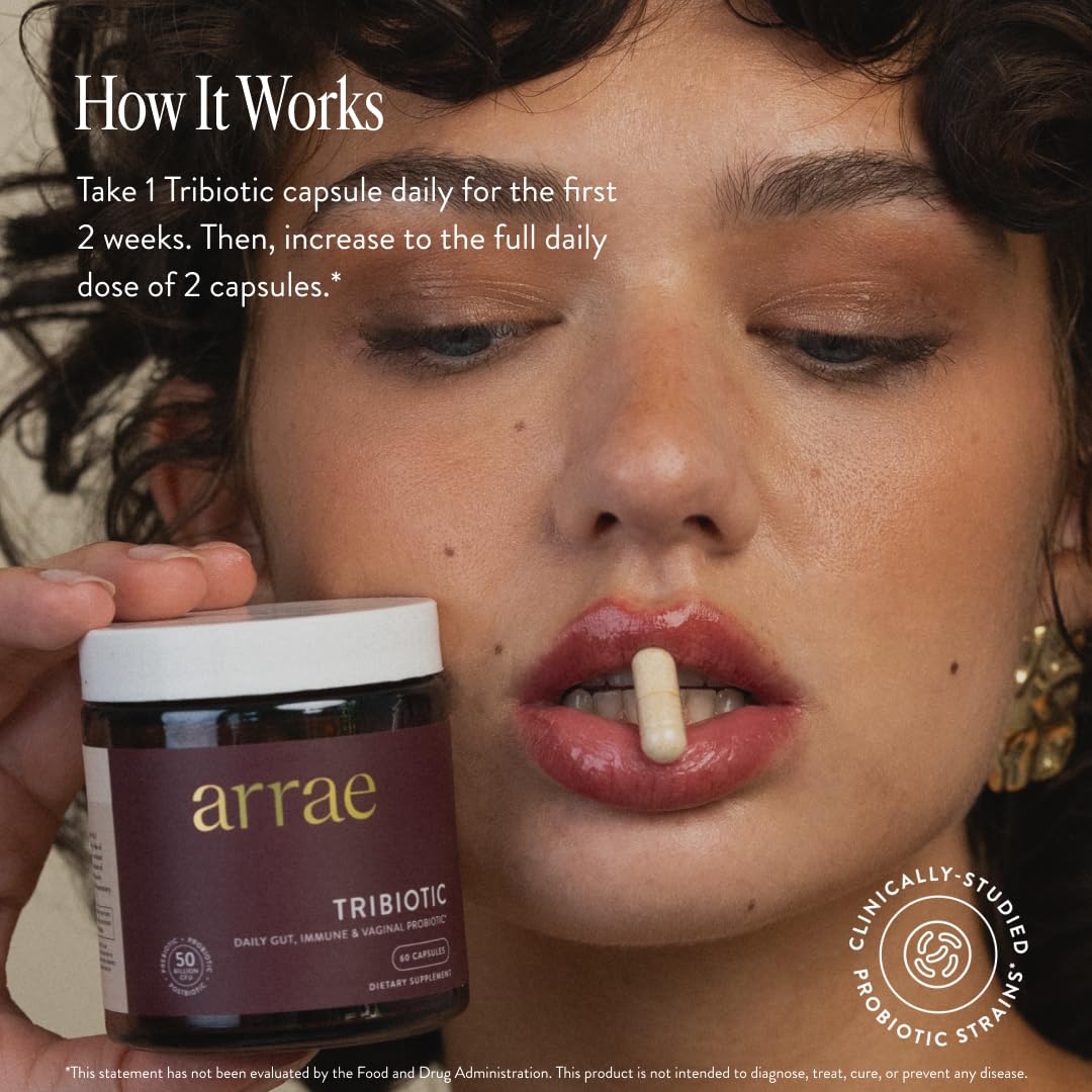 Arrae Tribiotic bottle pour demonstrating convenient daily use for balanced gut and immune support.